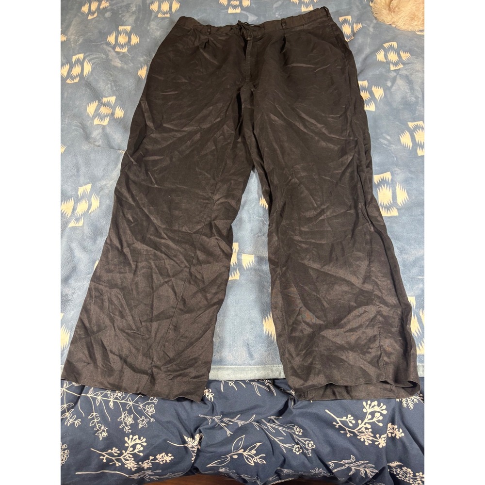 Mens Black 100% Linen Pleated Drawstring Wide Leg Pants XL 38x32